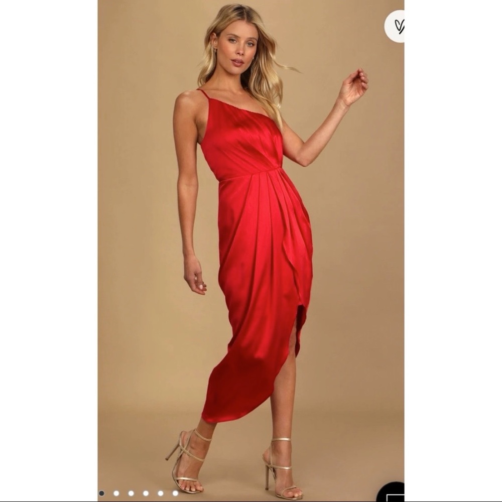 Law of Attraction Red Satin One-Shoulder Asymmetrical Midi Dress